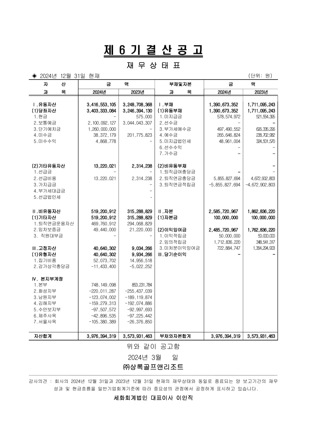 제 6기 결산공고